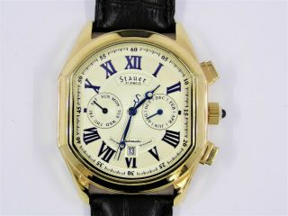 Stauer Meisterzeit Gold Tone Triple Date Mechanical Automatic Rectangle Watch
