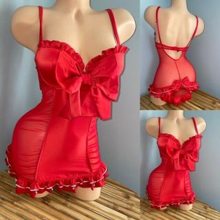 Victorias Secret Satin Kitten Bow Vintage Red W/ Bells Christmas Teddy Sz 34b