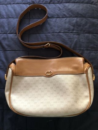 Gucci Vintage Gg Tan Leather White Coated Canvas Cross Body Bag