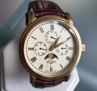 Men ' s Rotary Moonphase Watch Triple Date Gold Brown Leather GS00124/03 2