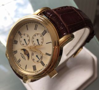 Men ' s Rotary Moonphase Watch Triple Date Gold Brown Leather GS00124/03 3