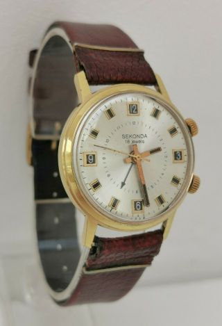 Vtg 1980s Sekonda 18 Jewels Alarm Ussr Gents Gold Plated Watch Cal Poljot 2612.  1