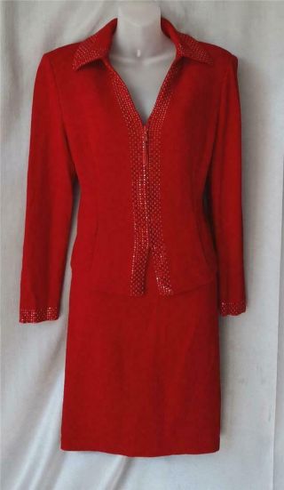 1980s Vintage St.  John By Marie Gray Cherry Red 2 Piece Jacket & Skirt Set