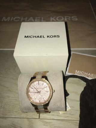 Michael Kors Designer Women Slim Runway Rose Gold Blush Crystal Pave Dial Watch