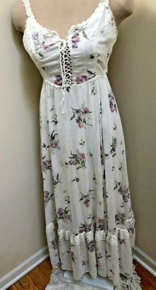 Vintage Gunne Sax Lace Up Bodice White Purple Flower Maxi Prairie Dress 30 Xs