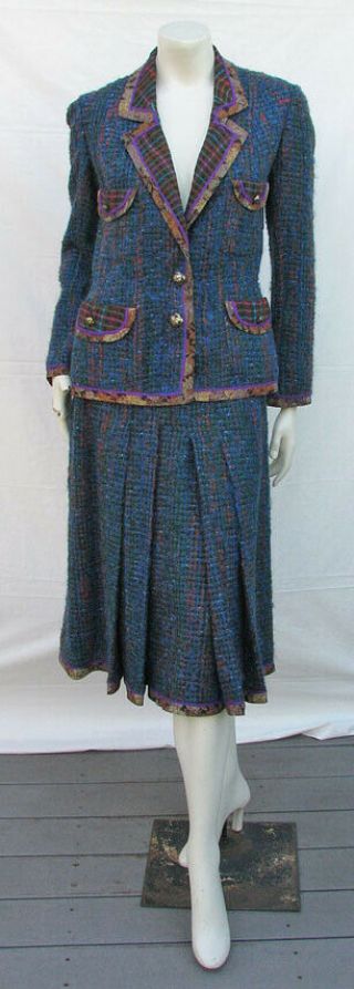 Vintage 1980s Koos Van Den Akker Suit Bouclé Wool Tweed Jacket & Pleated Skirt
