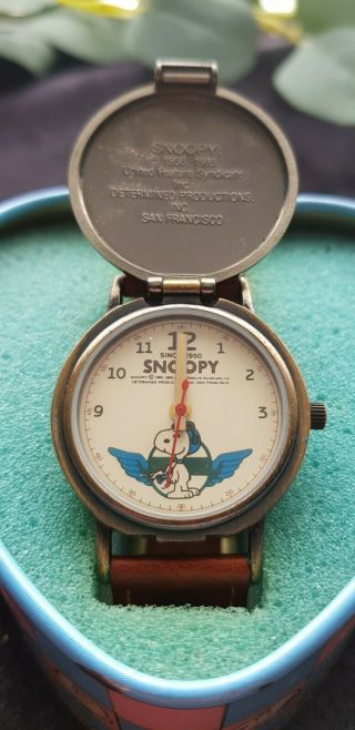 Vintage Snoopy Peanuts Flying Ace 1985 Leather Band & Metal Wristwatch Still