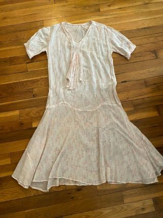 Vintage 1920s Art Deco Cotton Print Drop Waist Day Dress With Repairs