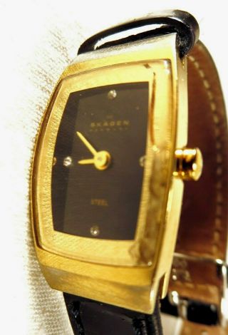 Skagen Ladies Watch 271sglb Gold Ion Plated W/black Face Japan Water Resistant