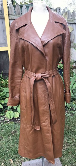 Supple Vtg 70s Chestnut Brown 24k Leather Belted Trench Coat Dan Di Modes M/l