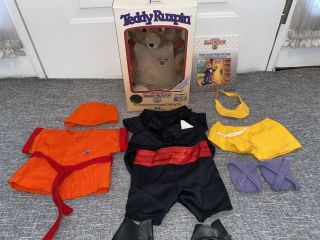 Vintage Teddy Ruxpin Animated Talking Bear Cassette Tape Book & Outfits