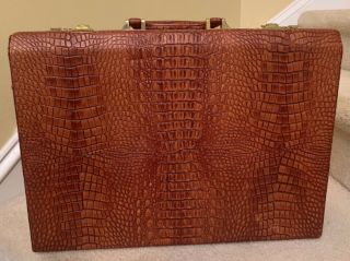Vtg Brown Croc Embossed Leather Briefcase Attache Tablet Hard Case Lock Closure