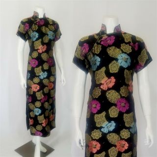 Vintage 1950s Chinese Silk Cheongsam Qipao Dress Poppies & Gold Lace Doilies Xs