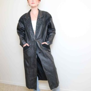Vintage 90s Winlit Black Leather And Suede Embossed Long Trench Coat Jacket M