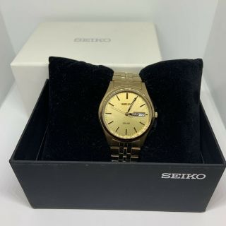 Seiko Sne036 Men Gold Stainless Steel Analog Gold Dial Quartz Solar Watch Bl164