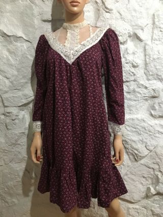 Vintage Gunne Sax Floral Cotton & Lace Dress Sz 9 Hippie Prairie Boho Victorian