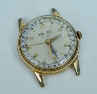 1940s 50s Eloga Triple Calendar Vintage 17j Swiss Watch Steel Gold Plate Mens