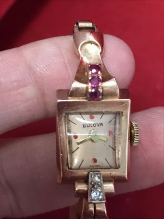 Vintage Bulova 14k Rose Gold Ladies Watch W/ Diamonds And Rubies