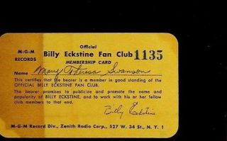Billy Eckstine Official Fan Club Membership Card 1950s