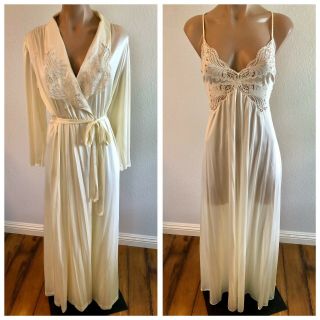 Vtg Vanity Fair Bridal Set Peignoir Nightgown Robe Small Satin Chantilly Lace S