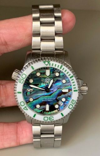 Deep Blue Ladies " Lizzy Blue " Diver 36mm Ceramic White/blue Abalone Pearl Dial