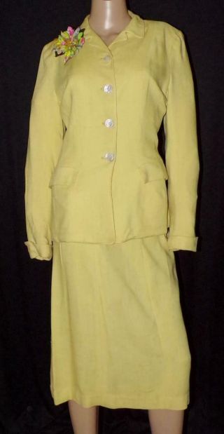 Fab Orig Vtg 50s Lemon Yellow 2 Pc Hourglass Jacket Pencil Skirt Dress Suit Xs S