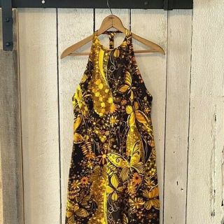 Vtg 60s Brown Yellow Psychedelic Butterfly Daisy Maxi Dress Fumi’s At Waikiki Xs