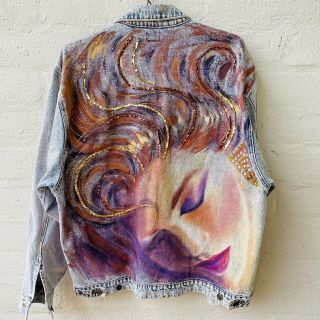 Vintage 1980’s Sz L Jean Denim Jacket Custom Studded Hand Painted Lady Halloween