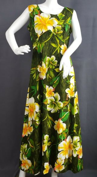 Vintage 60s 70s Royal Hawaiian Green Bark Cloth Maxi Dress Hibiscus Dress Sz 14