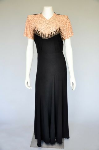 Vtg Vintage 1940s Black Peach Long Beaded Dress Short Sleeves Classic Party S