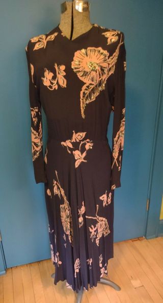 Vintage Navy Blue Dress With Pink Flowers