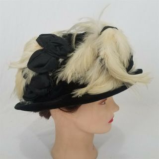 Antique Black Velvet Hat Late 1910s Early 1920s White Feather Satin Bows