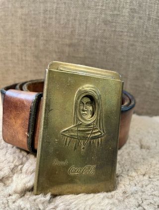 Coca - Cola Nun Brass Belt Buckle Peek A Boo 1915 Trans - Pan Expo Antique