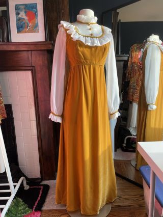 Vintage Prairie Velvet Dress Small 60s/70s Gold Mustard Color.  Bishop Sleeves