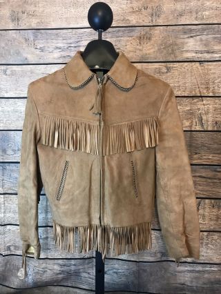 Vintage 1950s Roy Rogers Boys Western Buckskin Leather Suede Fringe Jacket Coat