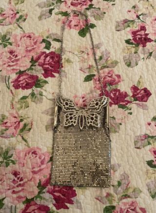 Vintage Valentino Metalic Mesh Coin Purse With Strap And Butterfly Crystal