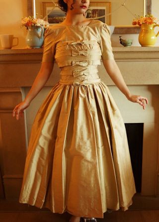1950s Heavy Silk Gold Bow Gown Dress Prom Xs Vtg Couture Ball Gown