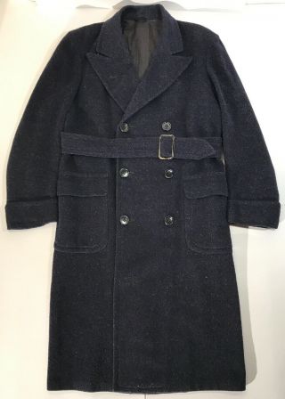 Vintage Foreman & Clark Dark Navy Blue Wool Trench Long Coat Belted Usa Made