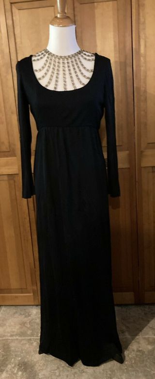 Vintage Jay Kobrin For Maisonette 1960’s Full Black Dress Gold Chain Neck Sz S