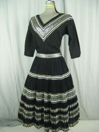Soledad Of Az Vtg 50s Black Silver 2 Pc Patio Full Skirt - Bust 34/waist 27/2xs - Xs