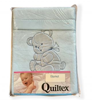 Vintage 80s 90s Quiltex Baby Blanket Blue Teddy Bear Satin Trim Unpened Nos