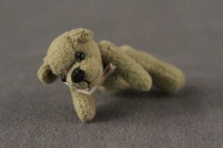 Vintage Artisan Toy Micro Mini Miniature Jointed Mohair Tan Teddy Bear Pink Bow 2