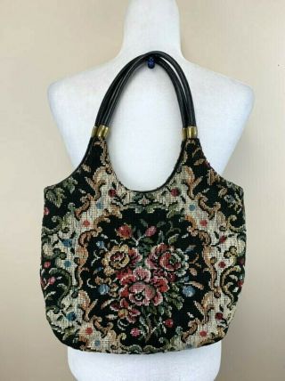Vintage Floral Tapestry Carpet Shoulder Bag Purse Needlepoint Rose Black 50 