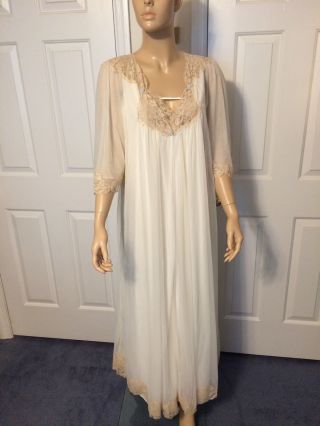 Vintage Intime Cream Long Sheer Chiffon Nylon Peignoir Set Robe Nightgown M