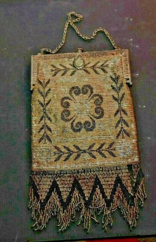 Antique Art Deco French Beaded Flapper Purse Tag,  Lined,  Mirror