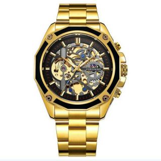 Forsining Skeleton Automatic Mechanical Watch Gold Stainless Steel Wristwatch