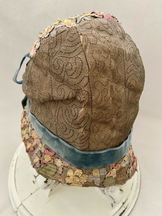 1920s Antique Cloche Hat Flapper Velvet Flowers Gold Metallic Thread Velvet Bow 3