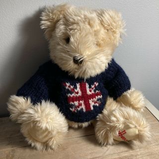 12” Harrods Plush Teddy Bear In Union Jack Navy Sweater