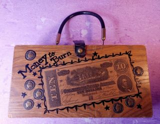 Vintage Enid Collins Texas Wooden Wood Box Purse Money To Burn Mirror Flaws