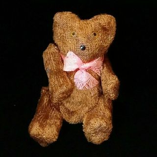 Old Miniature 3 " Mohair Teddy Bear Jointed W Wire Glass Eyes Pink Ribbon